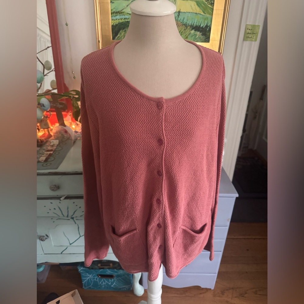 Gudrun Sjoden Women's Lily Pink Cardigan Sweater L Recycled Cotton Pockets VGUC